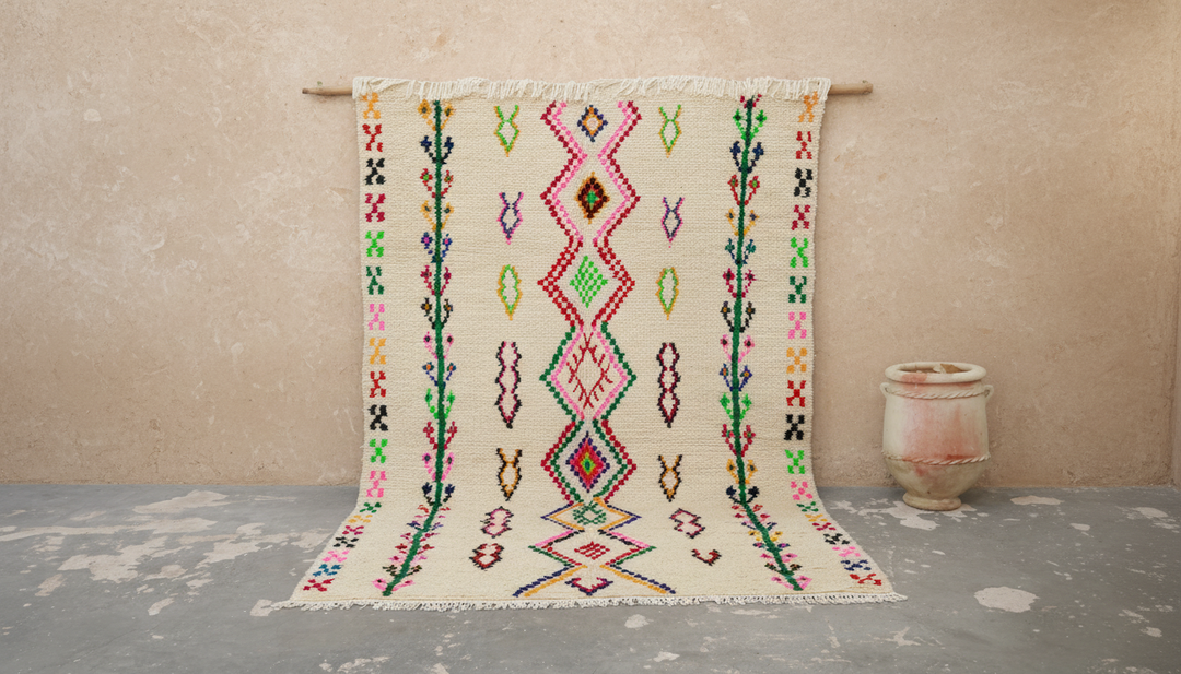 Tapis Marocain Azilal Vintage - Laine Nouée Main, 120x50cm, Multicolore, Années 90