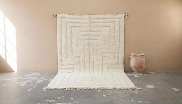 Beni Ouarain-teppe 300×205 cm – Minimalt elfenbensfarget marokkansk ullteppe med arkitektonisk mønster, GO-964