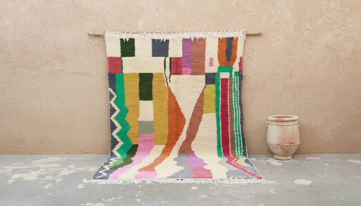 Azilal-teppe 295×195 cm – Abstrakt marokkansk teppe med flerfarget geometrisk design, GO-973