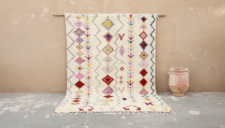 Azilal-teppe 300×195 cm – Elfenbensfarget marokkansk berberteppe med fargerike Amazigh-diamantmotiver, GO-976