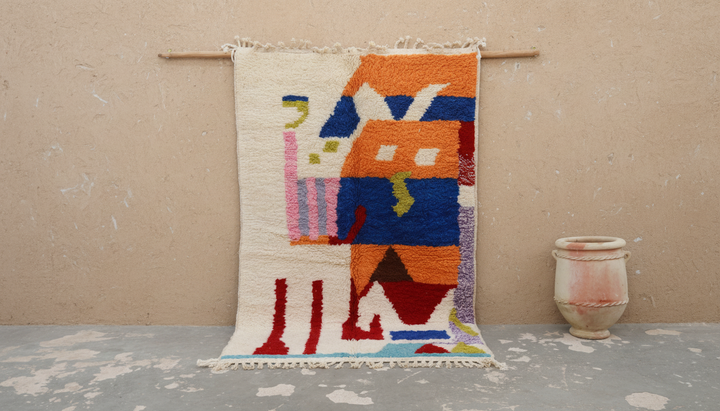 Azilal-teppe 245×155 cm – Elfenbenfarget, dristig flerfarget abstrakt, AZO-788
