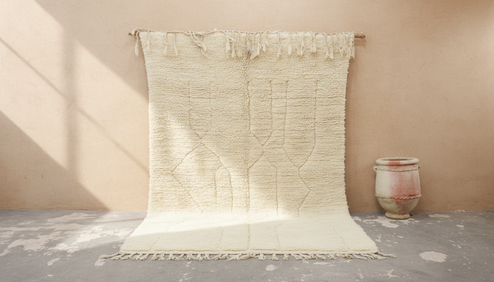 Stort Beni Ouarain-teppe 295×195 cm – Minimalistisk elfenbensfarget marokkansk ullteppe med subtilt stammemønster, GO-980