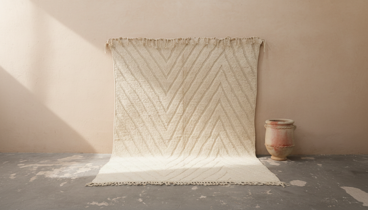 Beni Ouarain Rug 300×225 cm – Ivory Moroccan Wool Rug with Chevron Pattern, GO-963