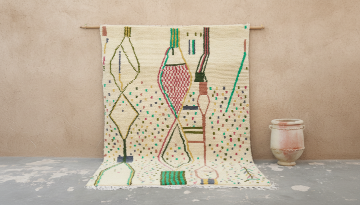 Tappeto Azilal 300×200 cm – Tappeto Berbero Marocchino Avorio con Motivi Astratti Amazigh e Dettagli a Confetti, GO-978