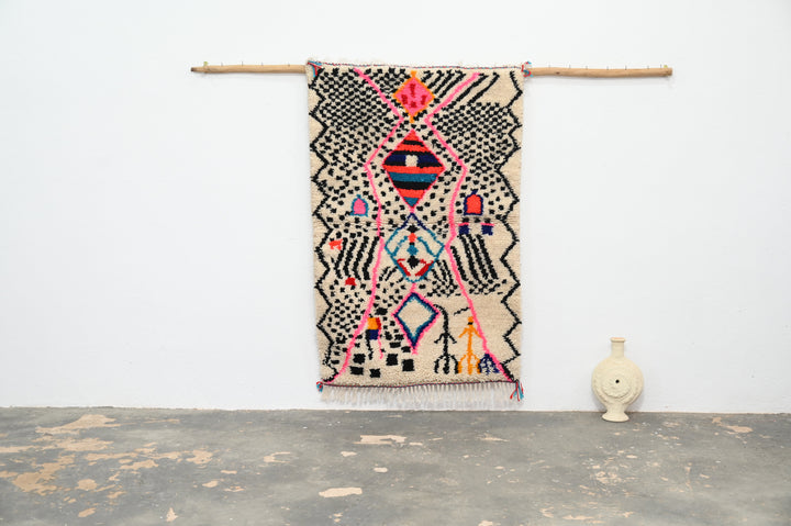 Black Geometric Pattern with Colour Accents Azilal Moroccan wool rug P510, full rug view