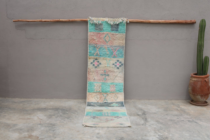 Handwoven Azilal runner R331 hanging view with turquoise, blush and muted neutral tones pattern