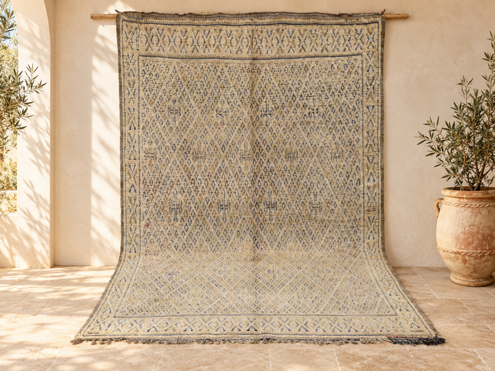 Tapis vintage Beni M'Guild des années 1970 V347, géométrie de losanges raffinée sur toute la surface, vue complète du tapis